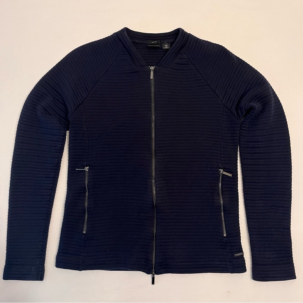 BOSS Hugo Boss Slim Fit Navy Woman Full-Zip Textured Blouson Cotton Blend Jacket